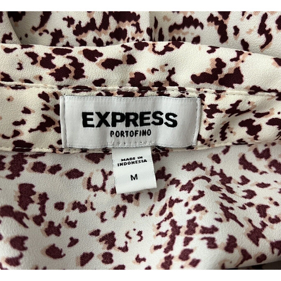 Express Shirt Womens Medium Brown White Abstract Animal Print Portofino Office - Picture 7 of 8